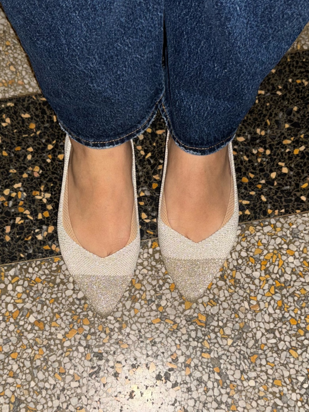 Rothy's Pointed-Toe Flats in Ivory with Blue Trim